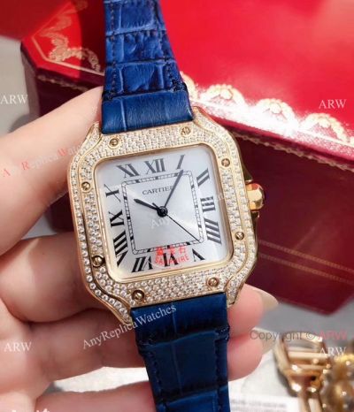 New Copy Cartier Santos 100 Diamond Watch Blue Leather Strap
